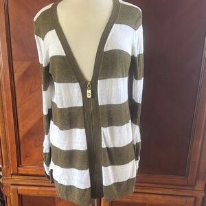 Michael Kors Green and White Striped Cardigan Sweater